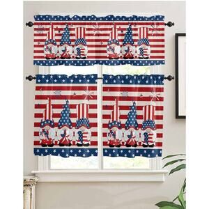 Patriotic Gnome Tiered Curtain Valance Set 3pc USA Flag Fireworks NEW